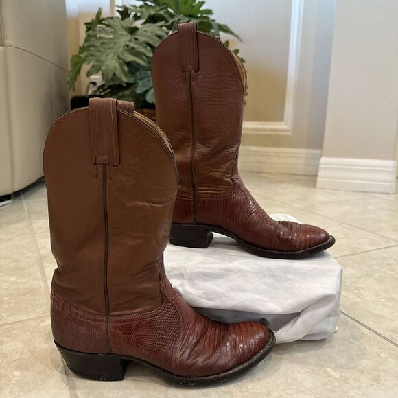 Tony Lama Brown Cowboy Boots Mens Size‎ 8 D Vintage Lizard Skin Brown - Picture 1 of 7